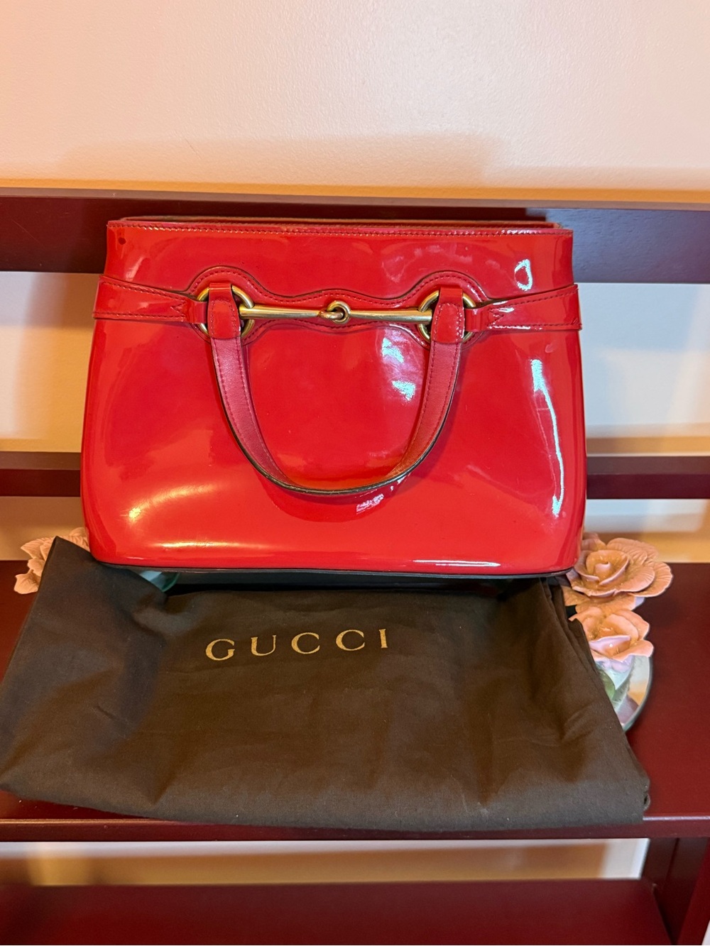 Gucci Red Patent Leather Satchel with Horsebit Detail